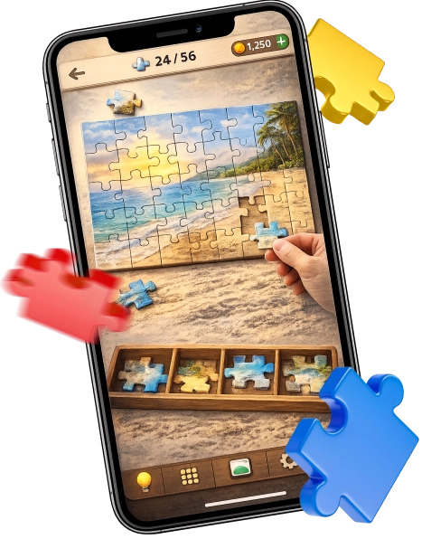 Phone showing a beach jigsaw puzzle in progress