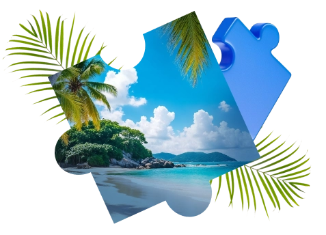 Tropical beach puzzle pieces with palm leaves